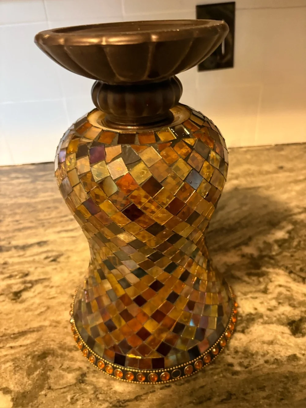 Partylite Mosaic Glass Hurricane Vase - Amber Mosaic Accent